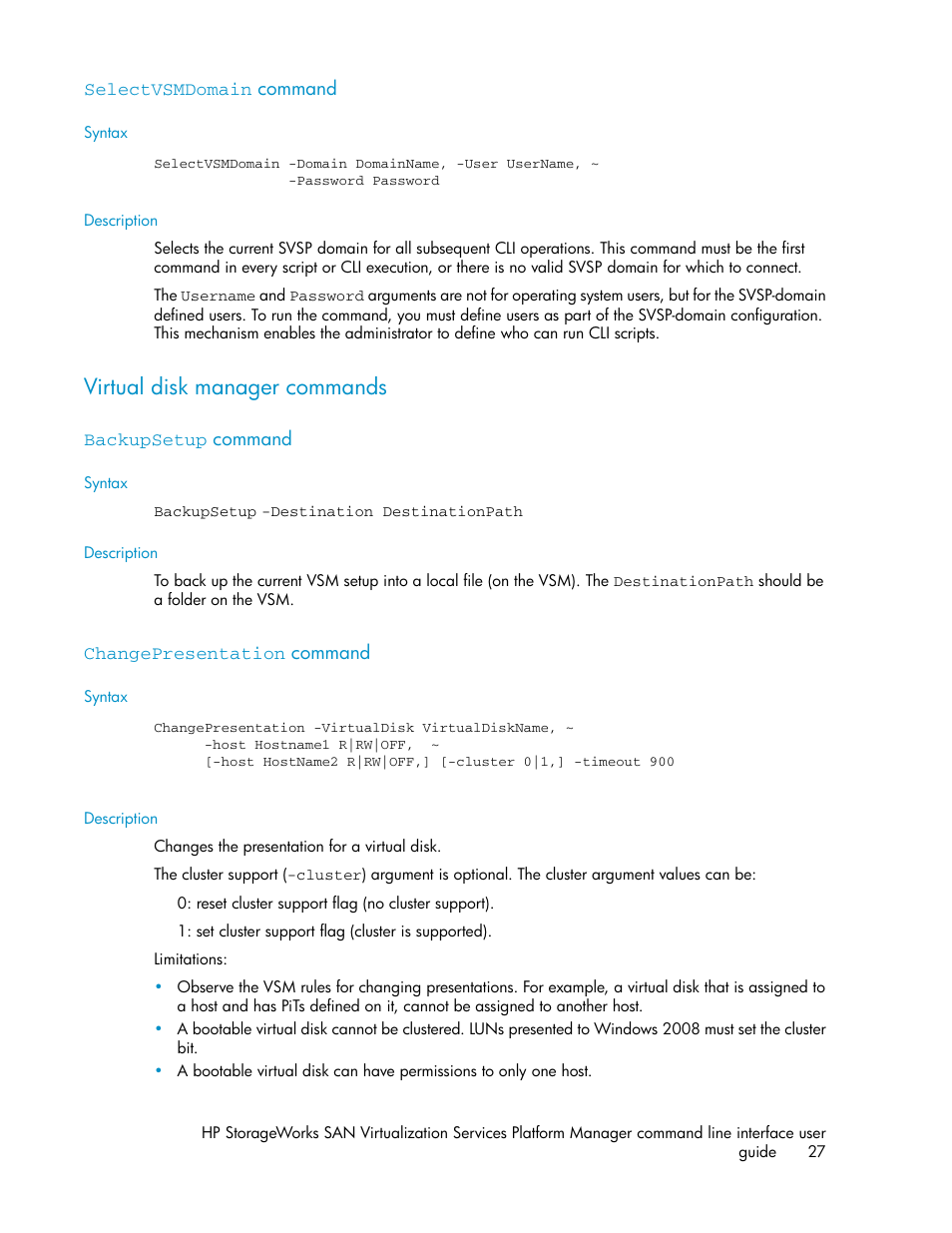 Selectvsmdomain command, Virtual disk manager commands, Backupsetup command | Changepresentation command | HP SAN Virtualization Services Platform User Manual | Page 27 / 90