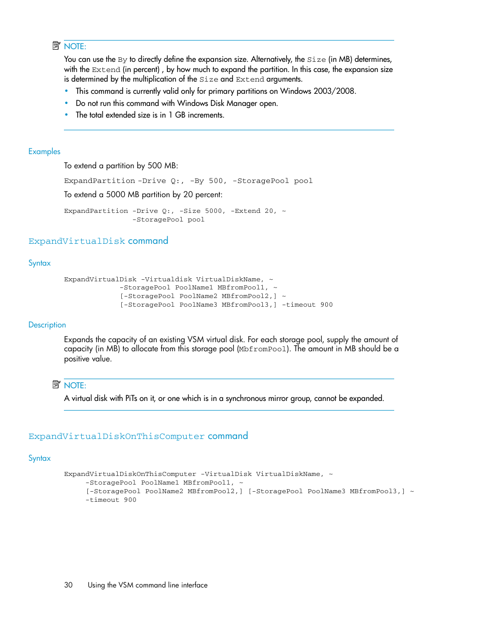 Expandvirtualdisk command, Expandvirtualdiskonthiscomputer command, 30 expandvirtualdiskonthiscomputer command | HP SAN Virtualization Services Platform User Manual | Page 30 / 90