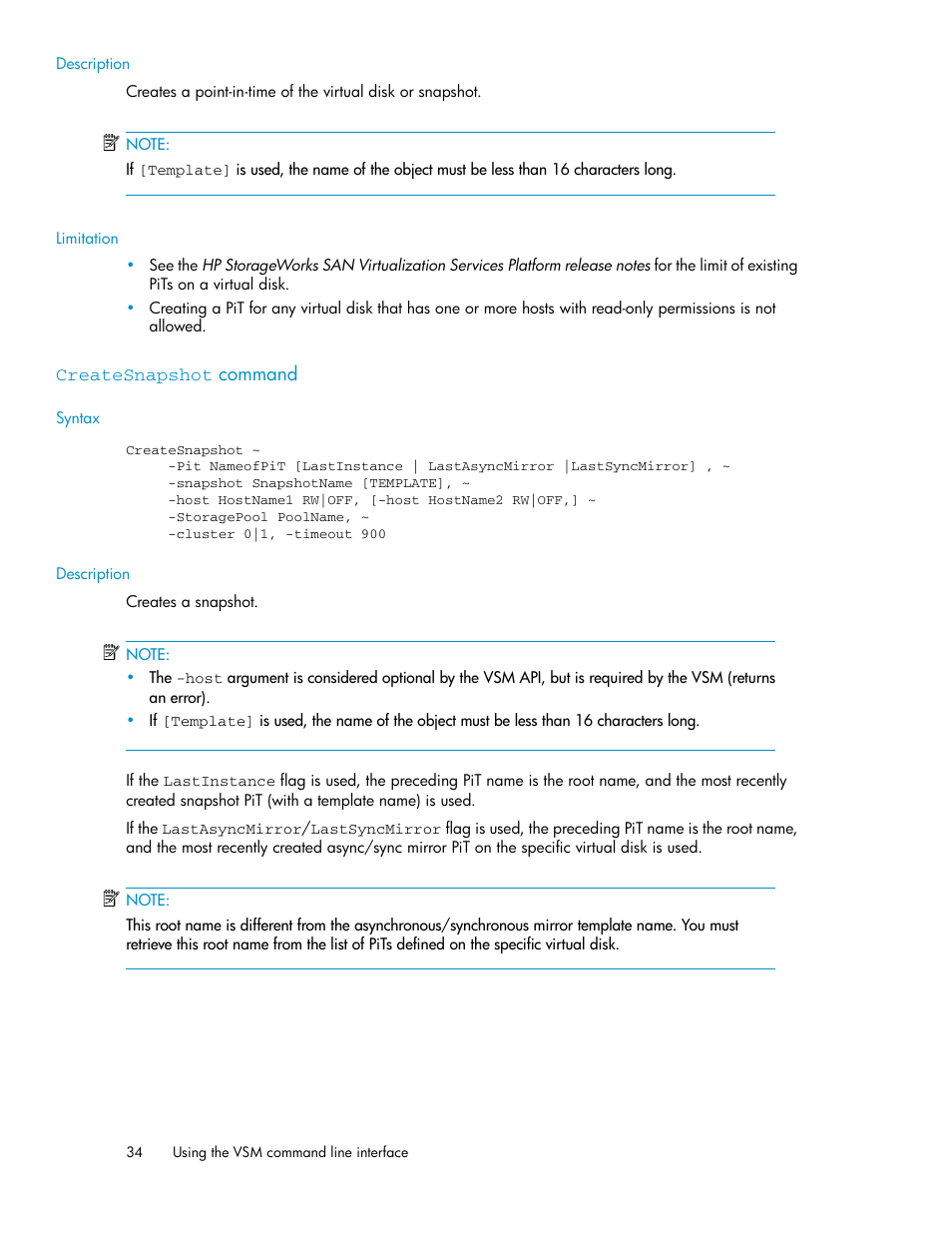 Createsnapshot command | HP SAN Virtualization Services Platform User Manual | Page 34 / 90