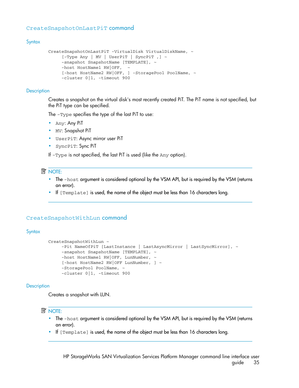 Createsnapshotonlastpit command, Createsnapshotwithlun command, 35 createsnapshotwithlun command | HP SAN Virtualization Services Platform User Manual | Page 35 / 90