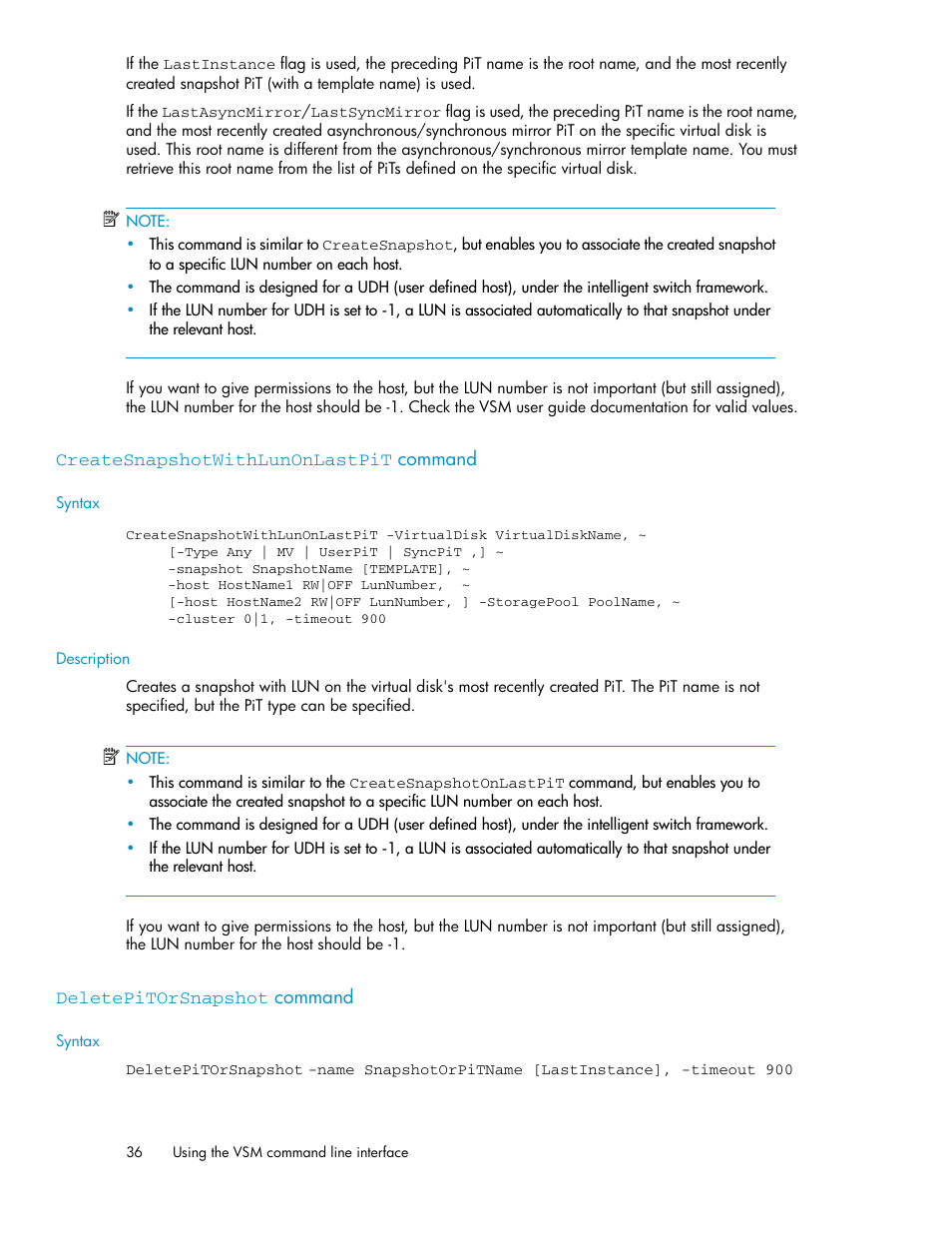 Createsnapshotwithlunonlastpit command, Deletepitorsnapshot command, 36 deletepitorsnapshot command | HP SAN Virtualization Services Platform User Manual | Page 36 / 90