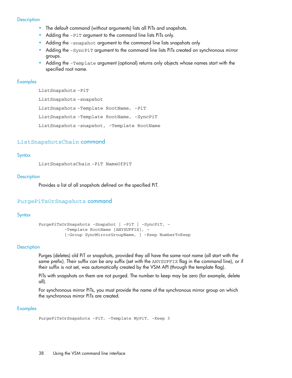 Listsnapshotschain command, Purgepitsorsnapshots command, 38 purgepitsorsnapshots command | HP SAN Virtualization Services Platform User Manual | Page 38 / 90