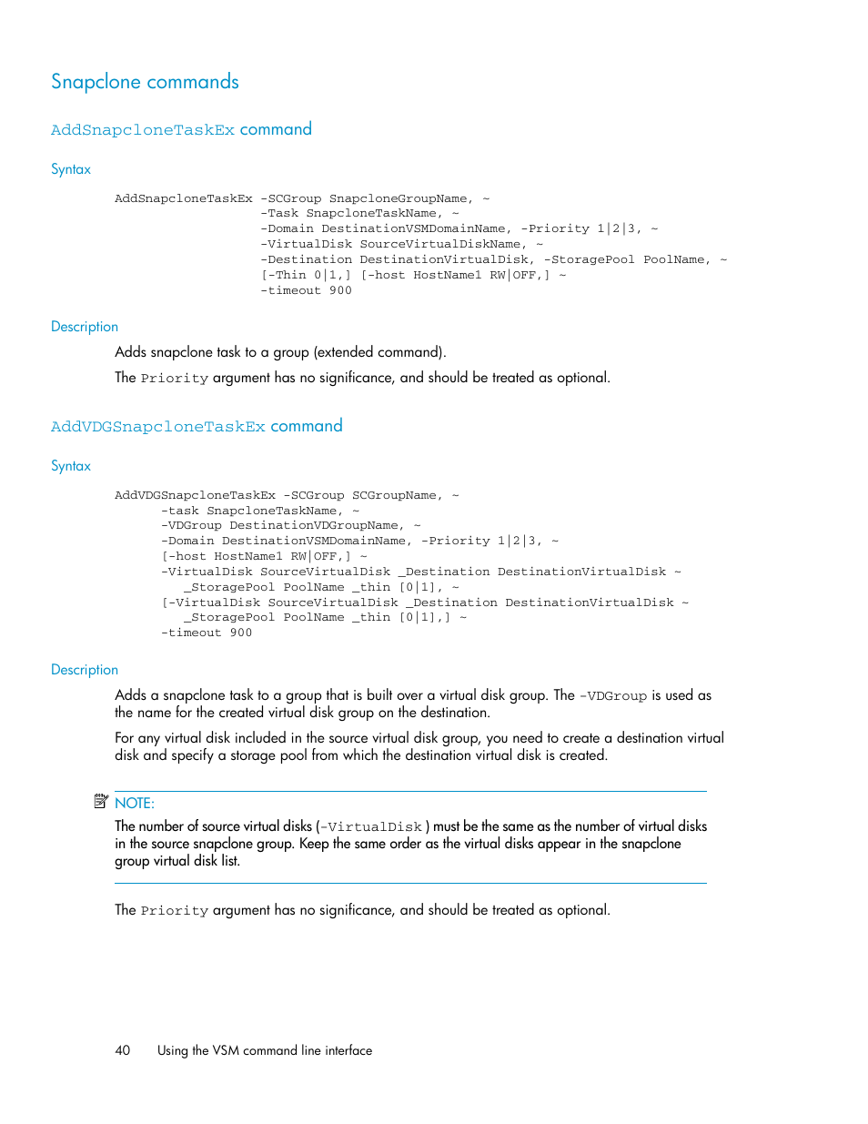 Snapclone commands, Addsnapclonetaskex command, Addvdgsnapclonetaskex command | 40 addvdgsnapclonetaskex command | HP SAN Virtualization Services Platform User Manual | Page 40 / 90