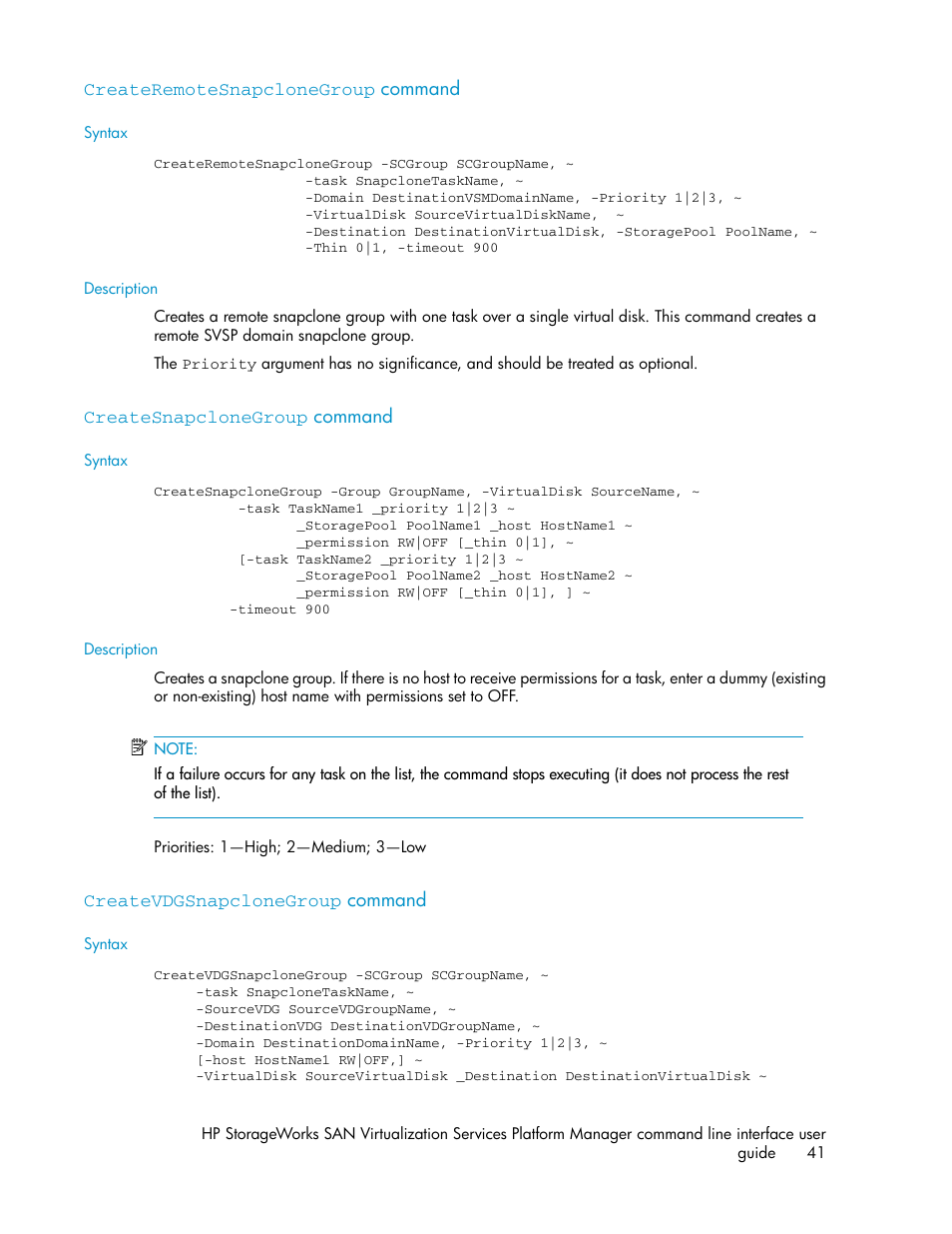 Createremotesnapclonegroup command, Createsnapclonegroup command, Createvdgsnapclonegroup command | 41 createsnapclonegroup command, 41 createvdgsnapclonegroup command | HP SAN Virtualization Services Platform User Manual | Page 41 / 90