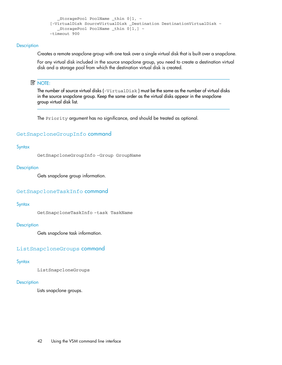 Getsnapclonegroupinfo command, Getsnapclonetaskinfo command, Listsnapclonegroups command | 42 getsnapclonetaskinfo command, 42 listsnapclonegroups command | HP SAN Virtualization Services Platform User Manual | Page 42 / 90