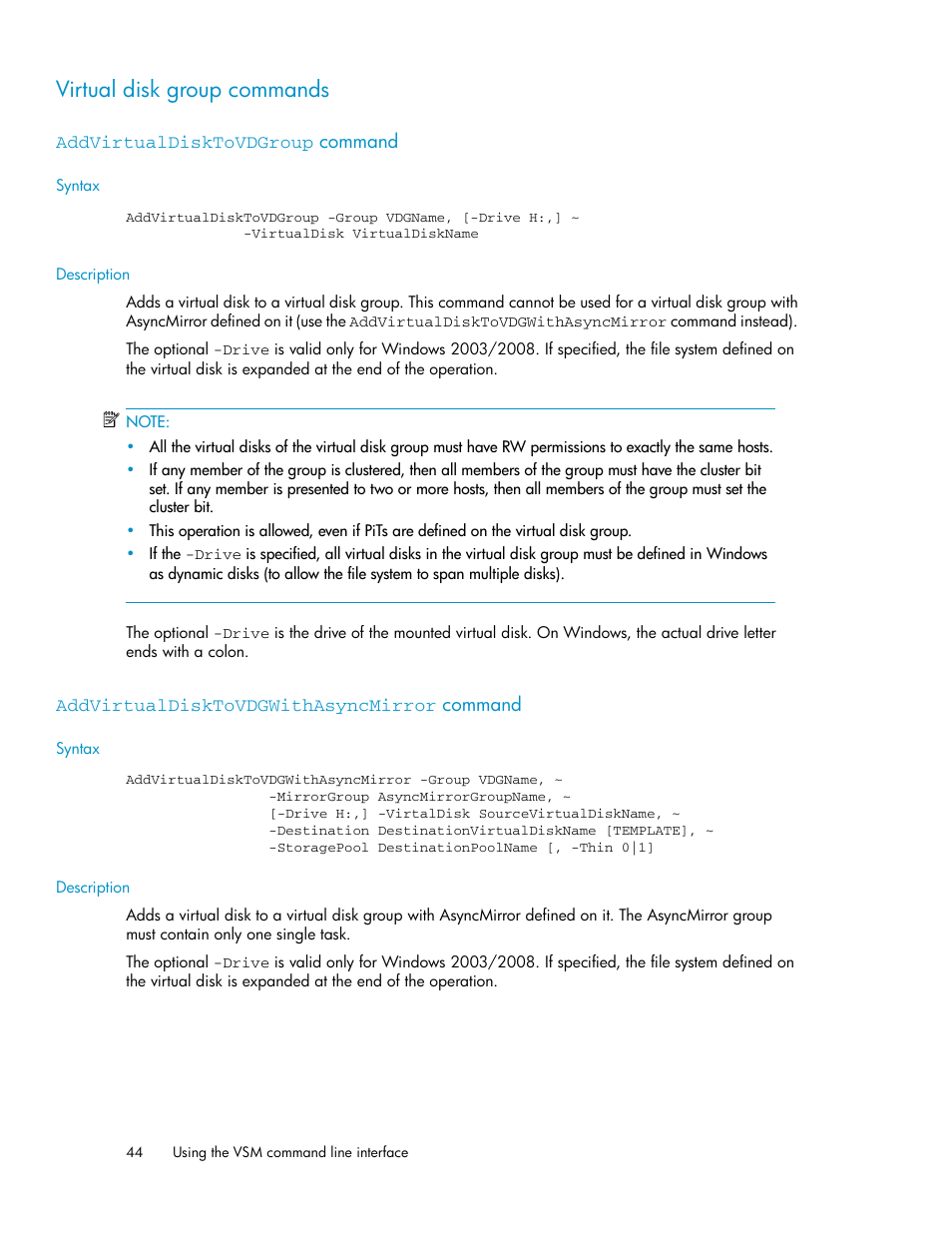 Virtual disk group commands, Addvirtualdisktovdgroup command, Addvirtualdisktovdgwithasyncmirror command | 44 addvirtualdisktovdgwithasyncmirror command | HP SAN Virtualization Services Platform User Manual | Page 44 / 90