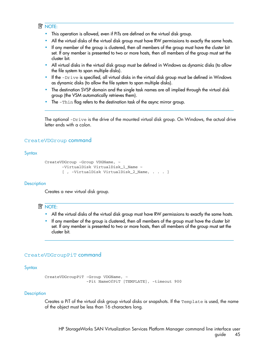 Createvdgroup command, Createvdgrouppit command, 45 createvdgrouppit command | HP SAN Virtualization Services Platform User Manual | Page 45 / 90