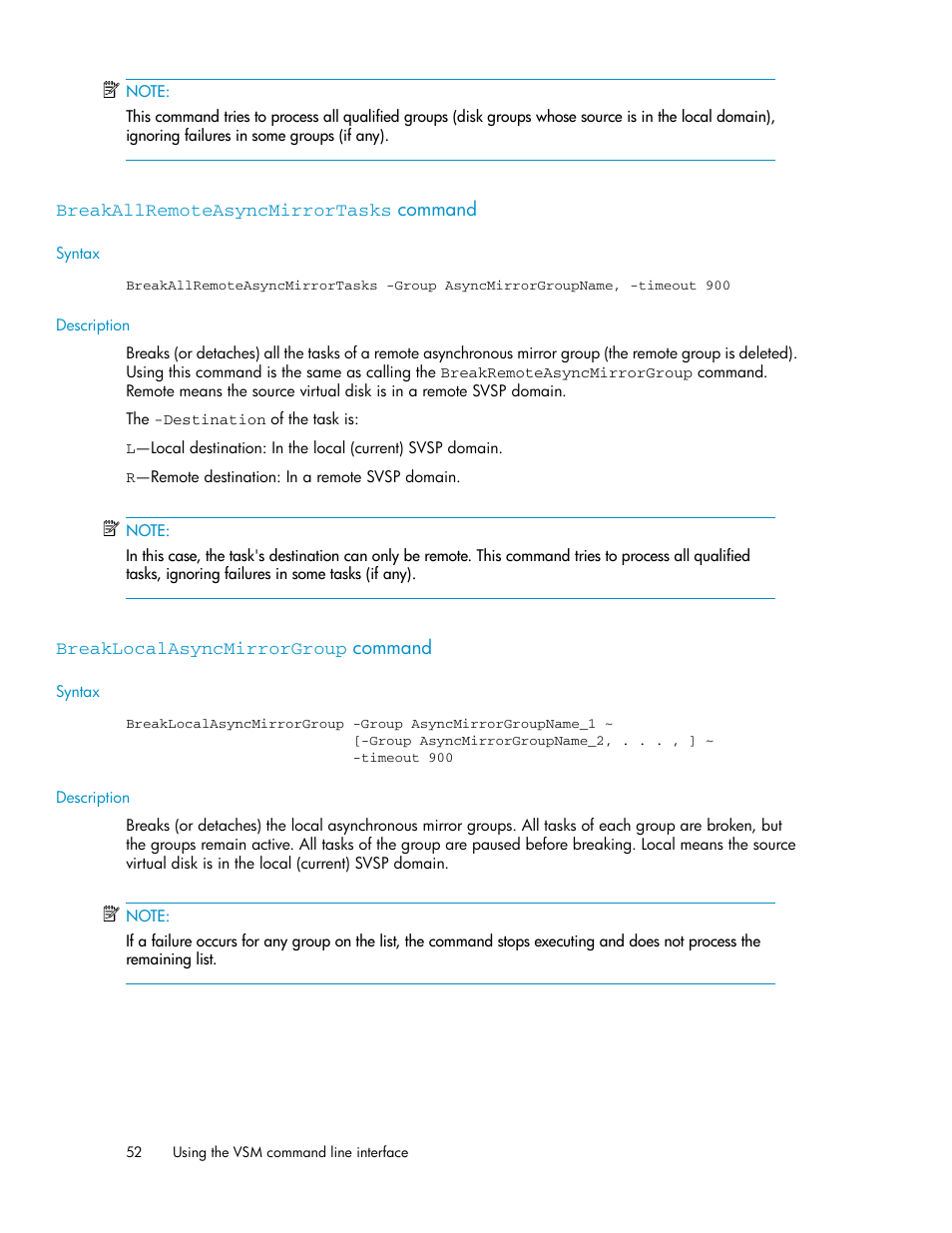 Breakallremoteasyncmirrortasks command, Breaklocalasyncmirrorgroup command, 52 breaklocalasyncmirrorgroup command | HP SAN Virtualization Services Platform User Manual | Page 52 / 90