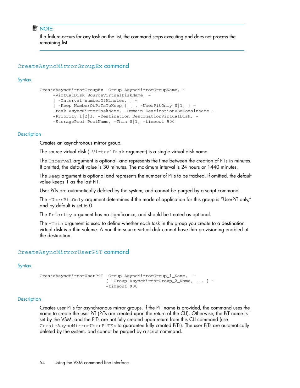 Createasyncmirrorgroupex command, Createasyncmirroruserpit command, 54 createasyncmirroruserpit command | HP SAN Virtualization Services Platform User Manual | Page 54 / 90