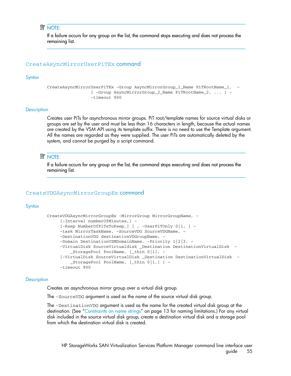 Createasyncmirroruserpitex command, Createvdgasyncmirrorgroupex command, 55 createvdgasyncmirrorgroupex command | HP SAN Virtualization Services Platform User Manual | Page 55 / 90