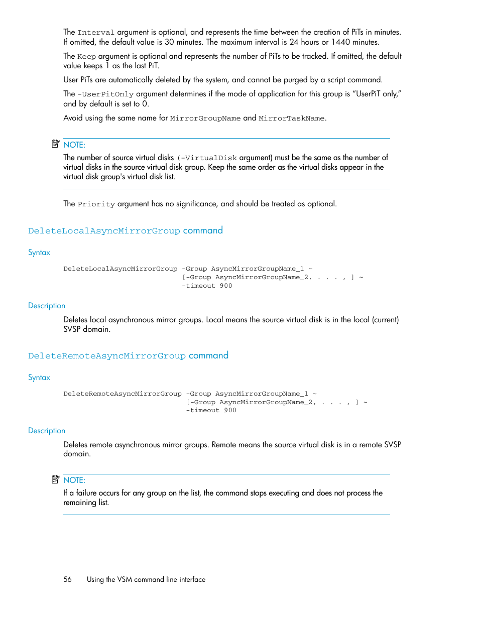 Deletelocalasyncmirrorgroup command, Deleteremoteasyncmirrorgroup command, 56 deleteremoteasyncmirrorgroup command | HP SAN Virtualization Services Platform User Manual | Page 56 / 90