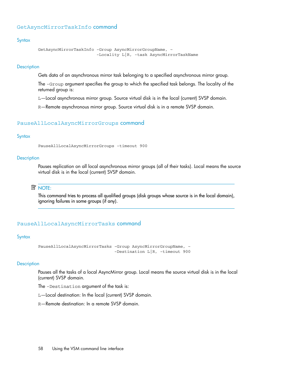 Getasyncmirrortaskinfo command, Pausealllocalasyncmirrorgroups command, Pausealllocalasyncmirrortasks command | 58 pausealllocalasyncmirrorgroups command, 58 pausealllocalasyncmirrortasks command | HP SAN Virtualization Services Platform User Manual | Page 58 / 90