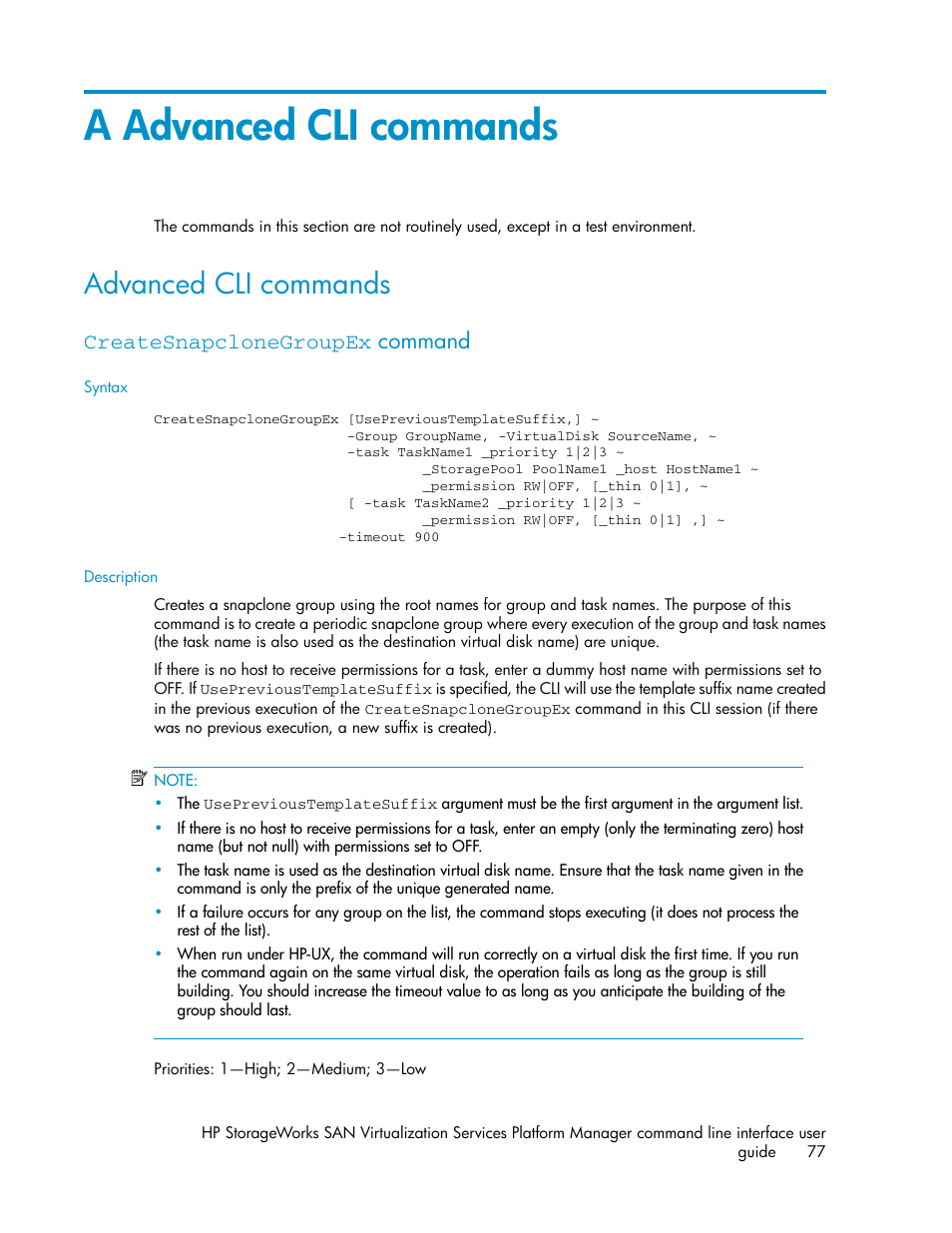A advanced cli commands, Advanced cli commands, Createsnapclonegroupex command | HP SAN Virtualization Services Platform User Manual | Page 77 / 90