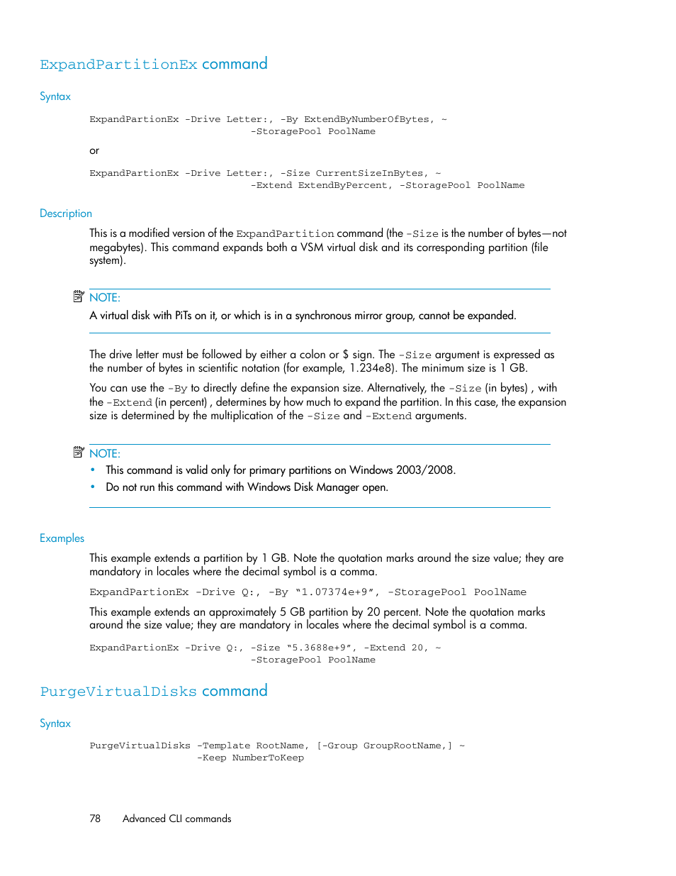 Expandpartitionex command, Purgevirtualdisks command, 78 purgevirtualdisks command | HP SAN Virtualization Services Platform User Manual | Page 78 / 90