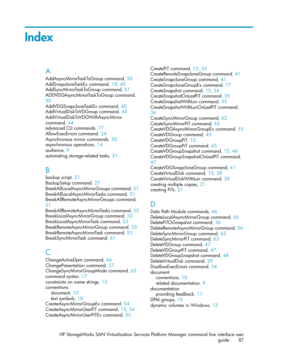 Index | HP SAN Virtualization Services Platform User Manual | Page 87 / 90