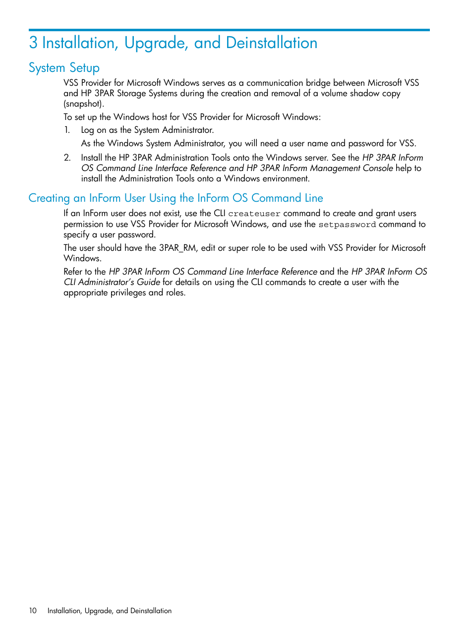3 installation, upgrade, and deinstallation, System setup | HP 3PAR VSS Provider Software User Manual | Page 10 / 23
