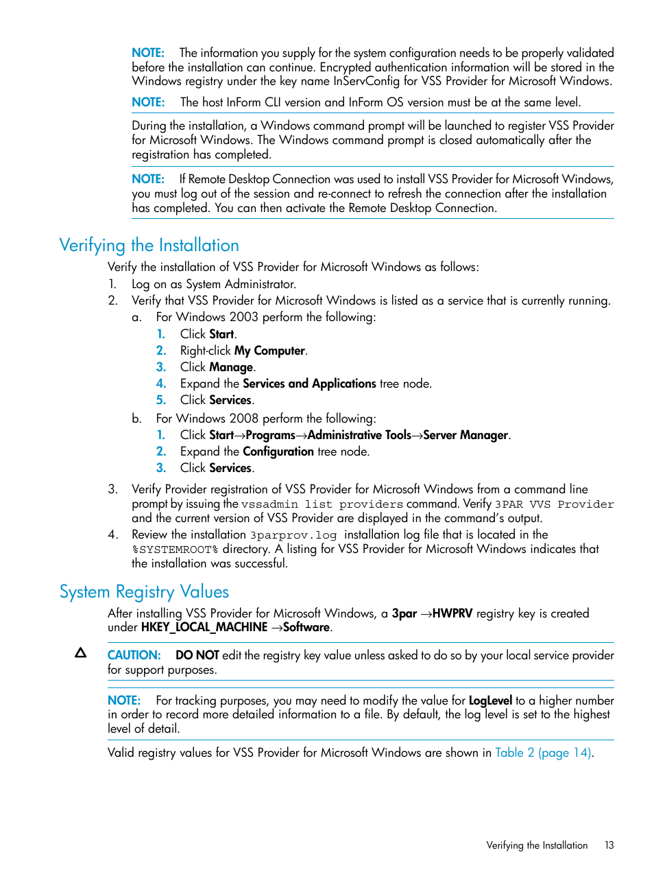 Verifying the installation, System registry values, Verifying the installation system registry values | HP 3PAR VSS Provider Software User Manual | Page 13 / 23