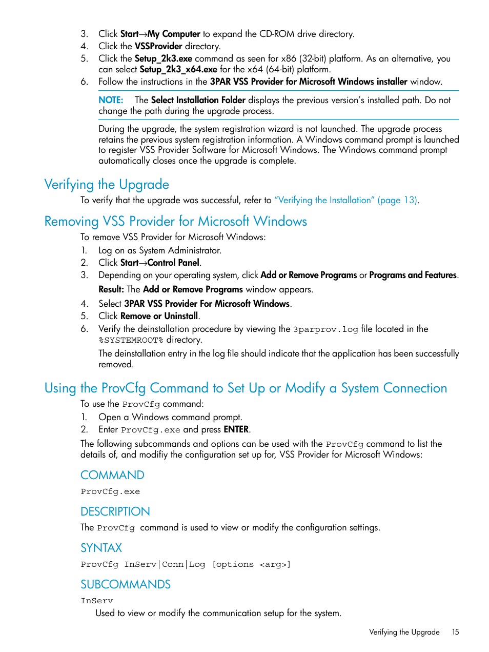Verifying the upgrade, Removing vss provider for microsoft windows, Command | Description, Syntax, Subcommands | HP 3PAR VSS Provider Software User Manual | Page 15 / 23