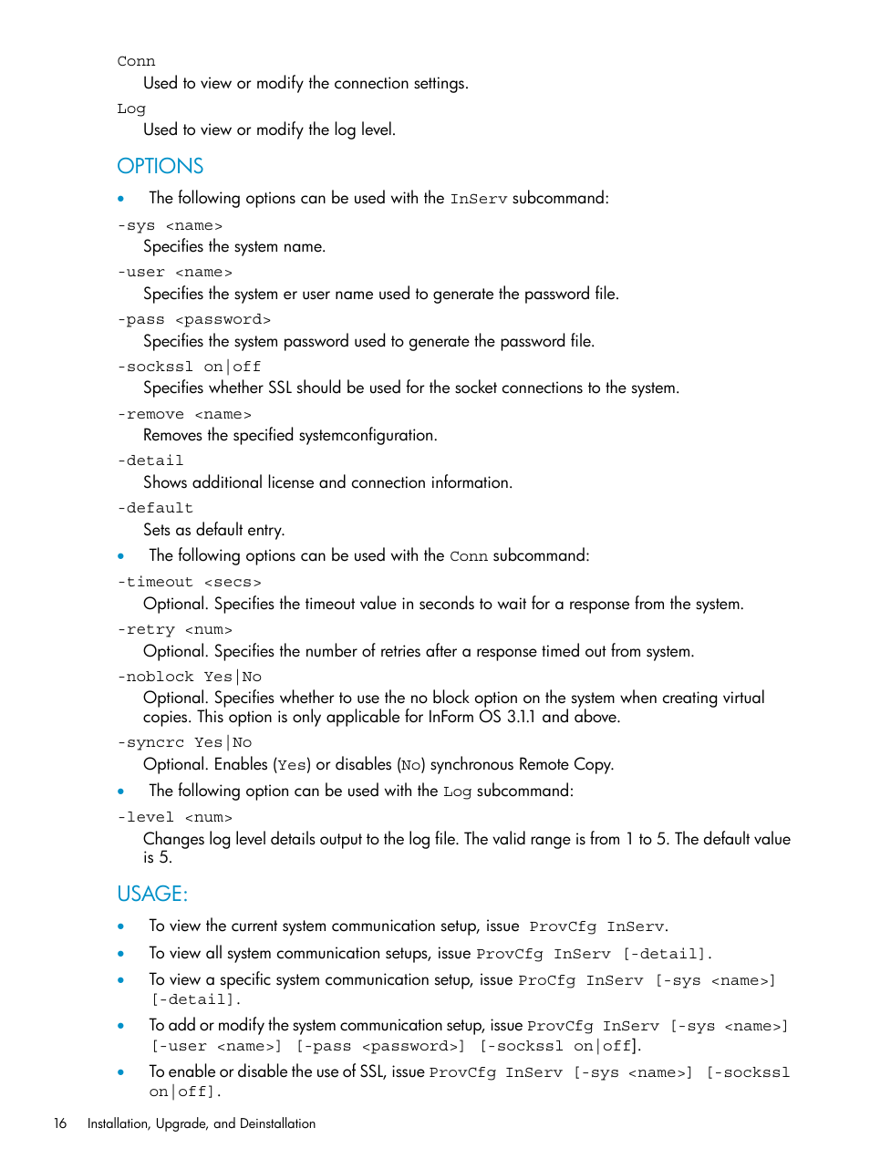 Options, Usage | HP 3PAR VSS Provider Software User Manual | Page 16 / 23