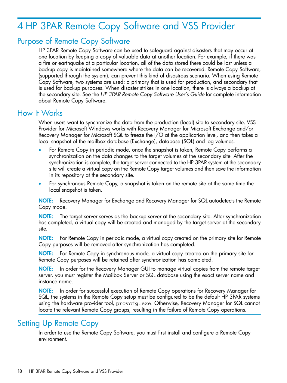 4 hp 3par remote copy software and vss provider, Purpose of remote copy software, How it works | Setting up remote copy | HP 3PAR VSS Provider Software User Manual | Page 18 / 23