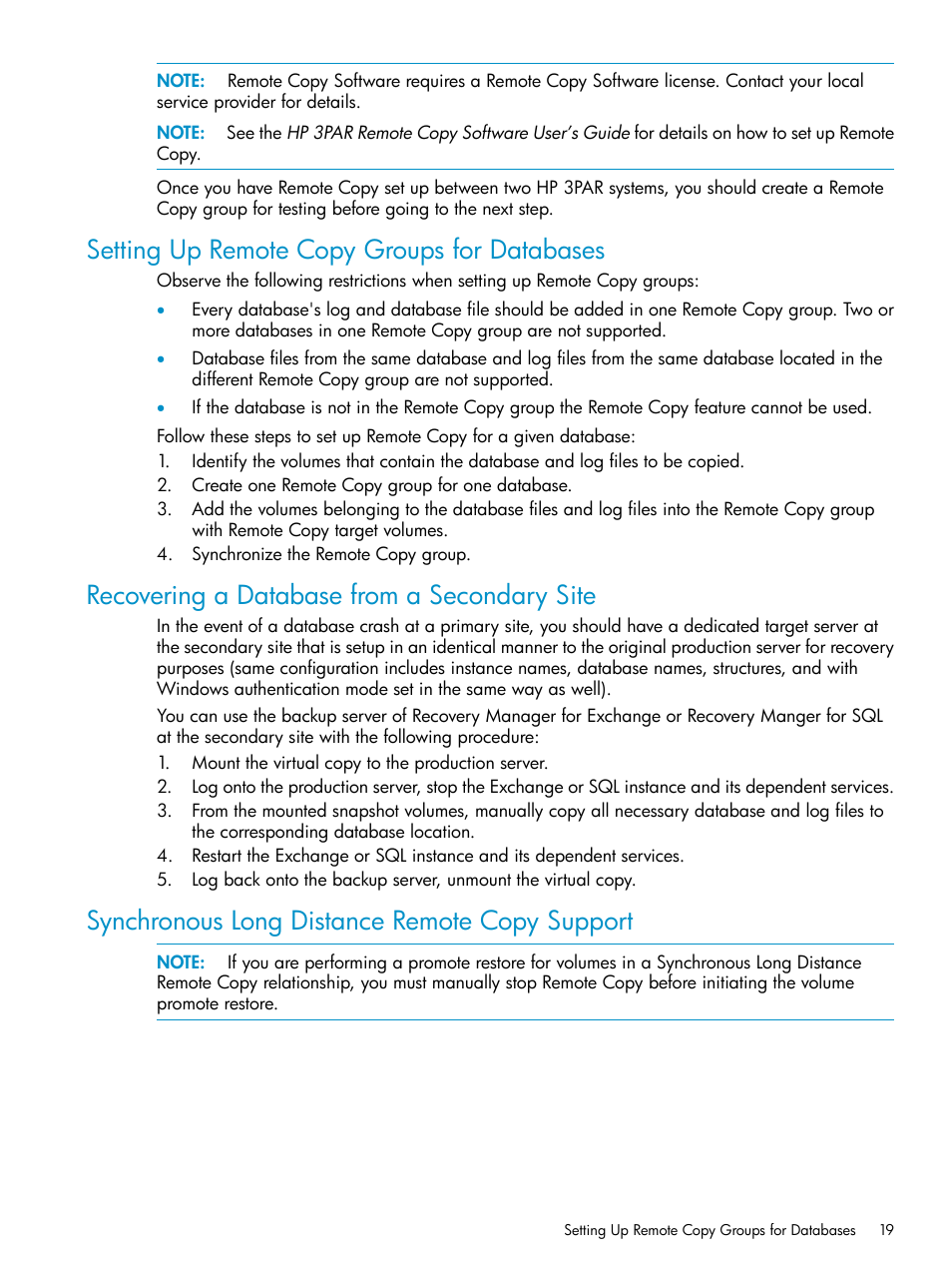 Setting up remote copy groups for databases, Recovering a database from a secondary site, Synchronous long distance remote copy support | HP 3PAR VSS Provider Software User Manual | Page 19 / 23