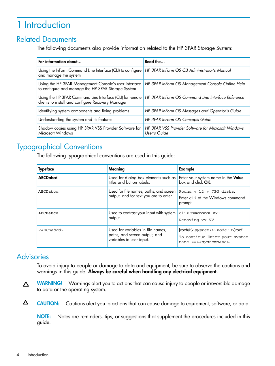 1 introduction, Related documents, Typographical conventions | Advisories | HP 3PAR VSS Provider Software User Manual | Page 4 / 23