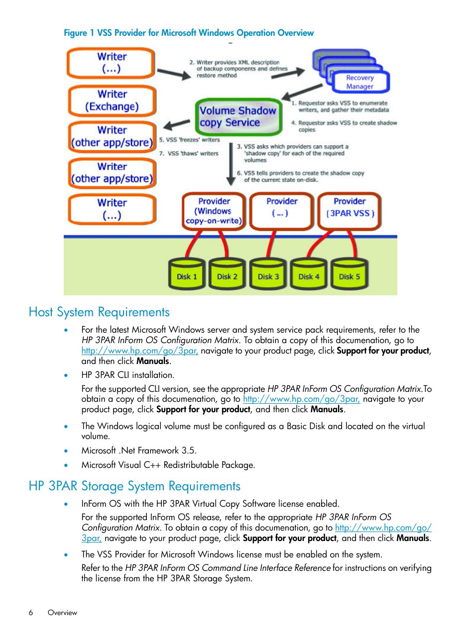 Host system requirements, Hp 3par storage system requirements | HP 3PAR VSS Provider Software User Manual | Page 6 / 23
