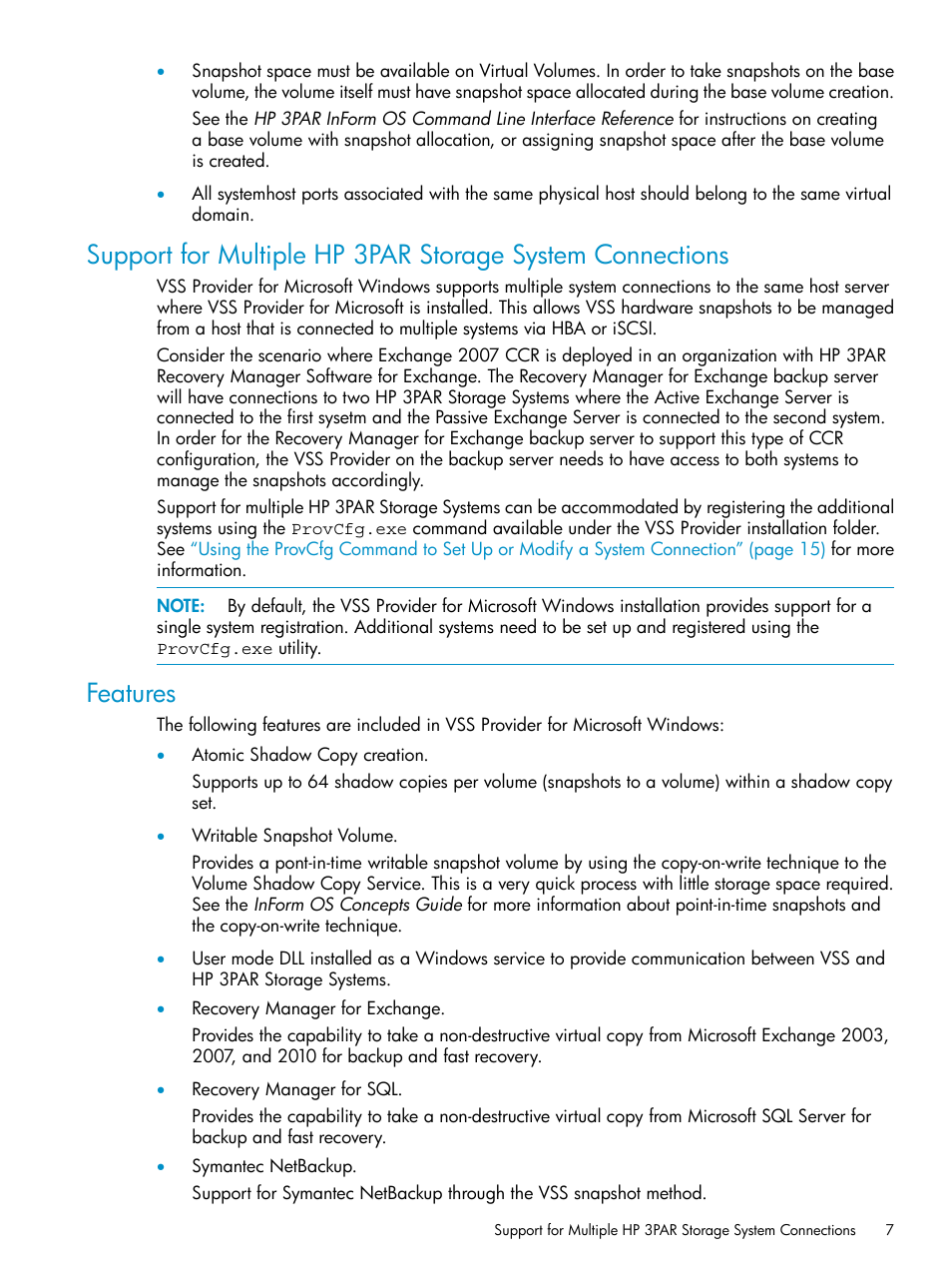 Features | HP 3PAR VSS Provider Software User Manual | Page 7 / 23