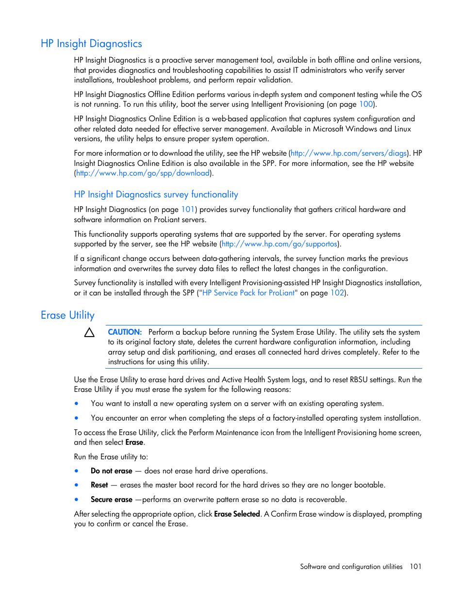 Hp insight diagnostics, Hp insight diagnostics survey functionality, Erase utility | HP ProLiant DL385p Gen8 Server User Manual | Page 101 / 135