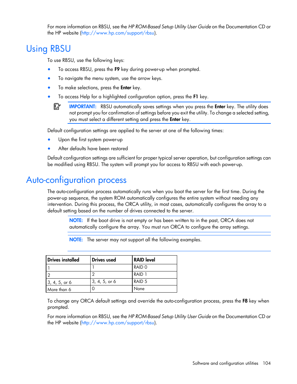 Using rbsu, Auto-configuration process, Using | Rbsu | HP ProLiant DL385p Gen8 Server User Manual | Page 104 / 135