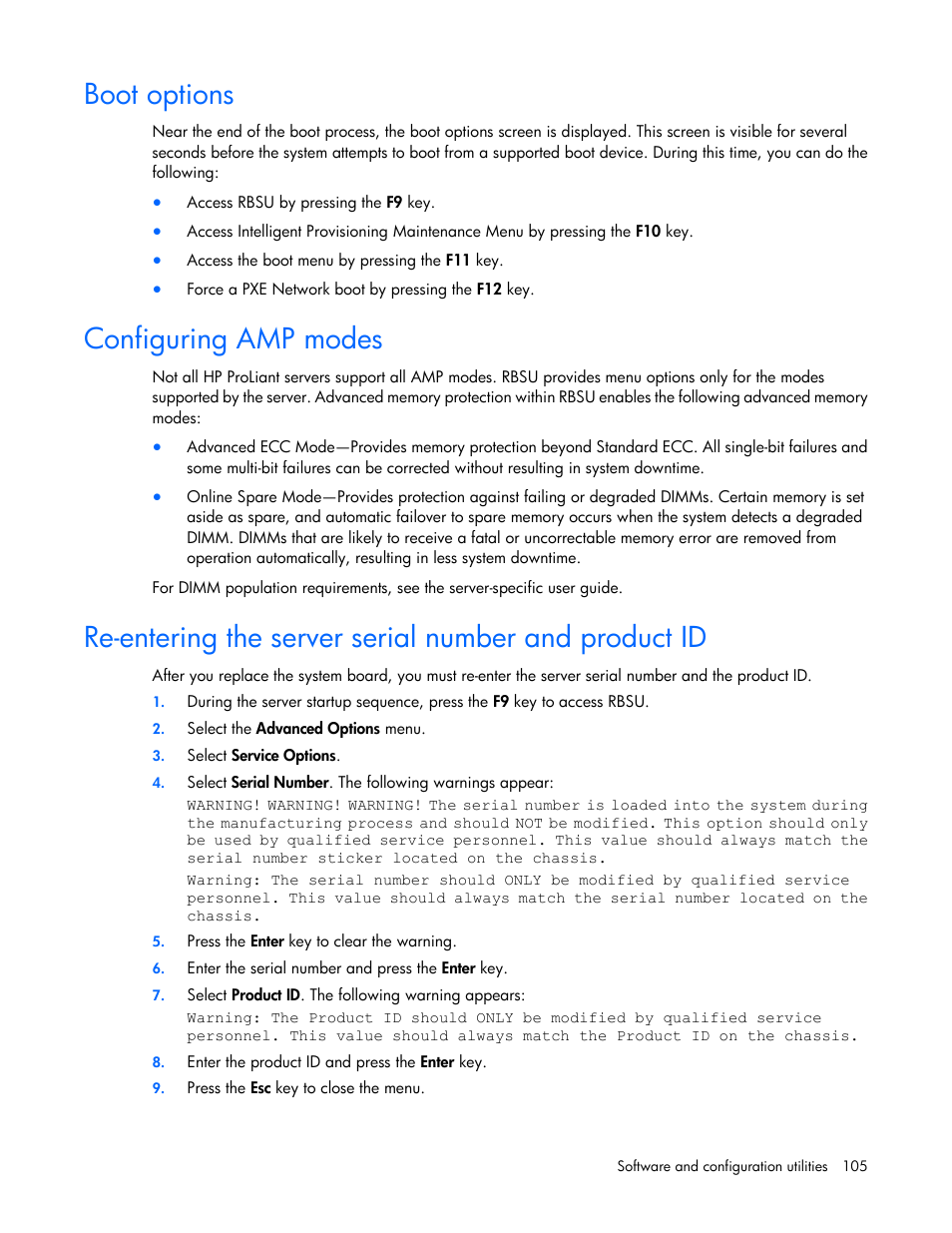 Boot options, Configuring amp modes | HP ProLiant DL385p Gen8 Server User Manual | Page 105 / 135