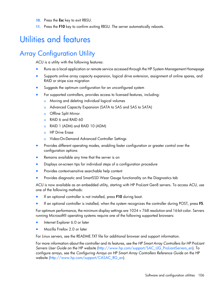 Utilities and features, Array configuration utility | HP ProLiant DL385p Gen8 Server User Manual | Page 106 / 135