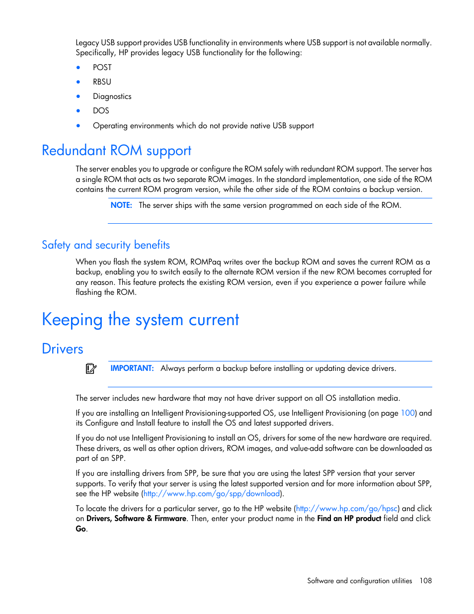 Redundant rom support, Safety and security benefits, Keeping the system current | Drivers | HP ProLiant DL385p Gen8 Server User Manual | Page 108 / 135