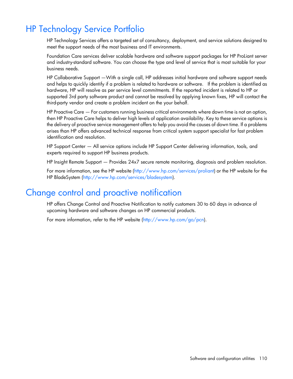 Hp technology service portfolio, Change control and proactive notification | HP ProLiant DL385p Gen8 Server User Manual | Page 110 / 135