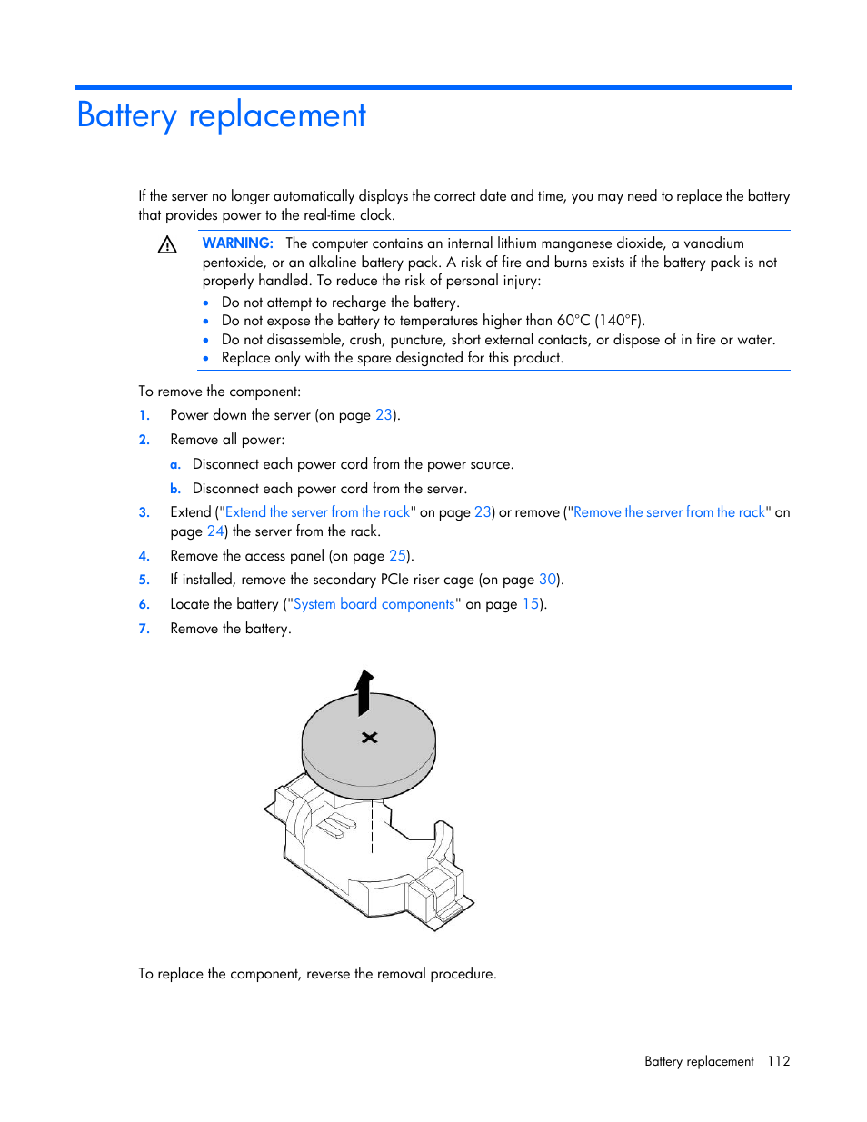 Battery replacement | HP ProLiant DL385p Gen8 Server User Manual | Page 112 / 135