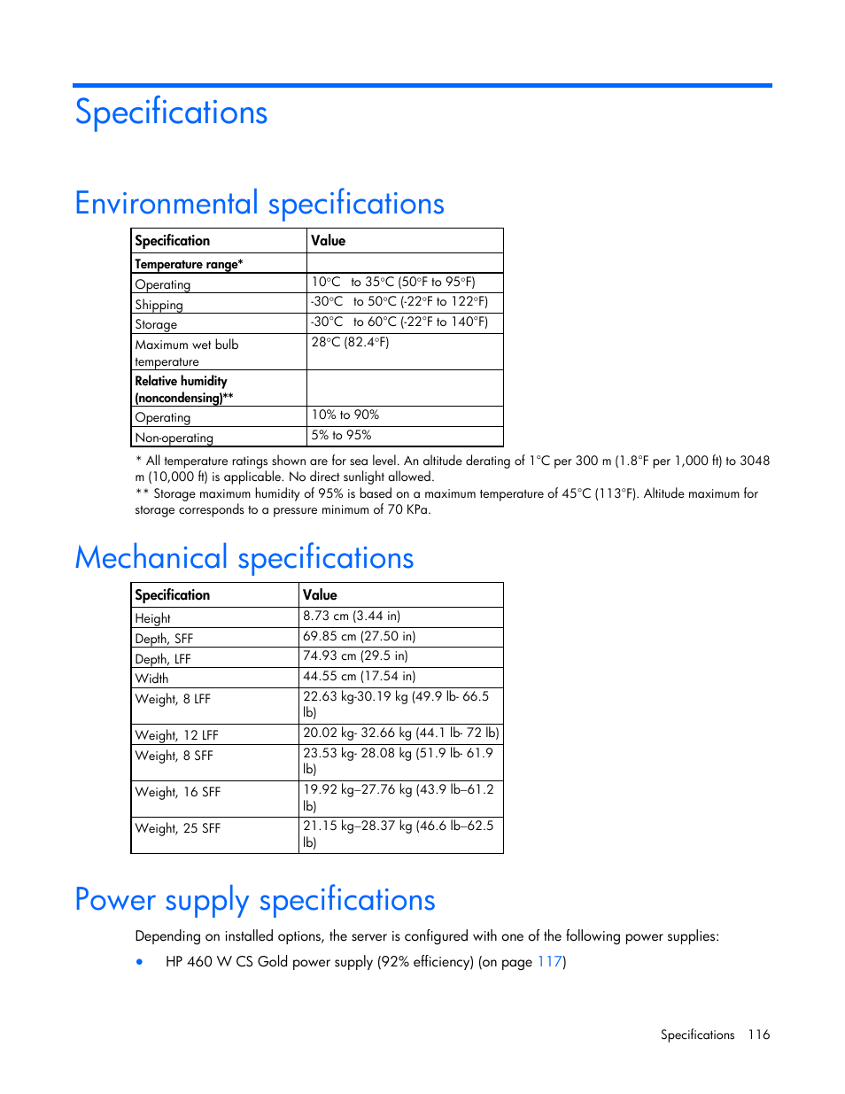 Specifications, Environmental specifications, Mechanical specifications | Power supply specifications | HP ProLiant DL385p Gen8 Server User Manual | Page 116 / 135