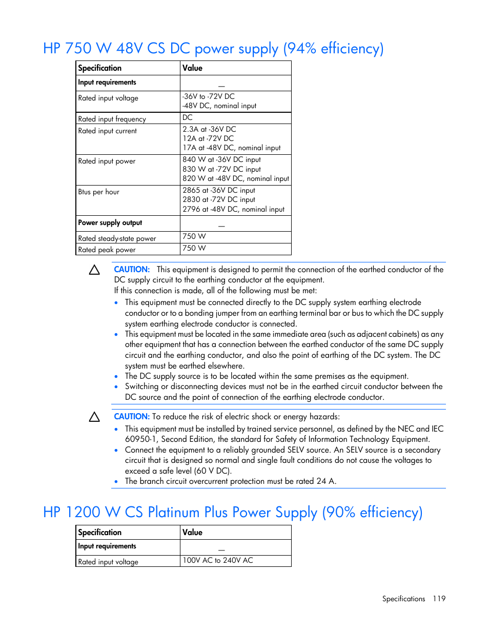 Hp 750 w 48v cs dc power supply (94% efficiency) | HP ProLiant DL385p Gen8 Server User Manual | Page 119 / 135