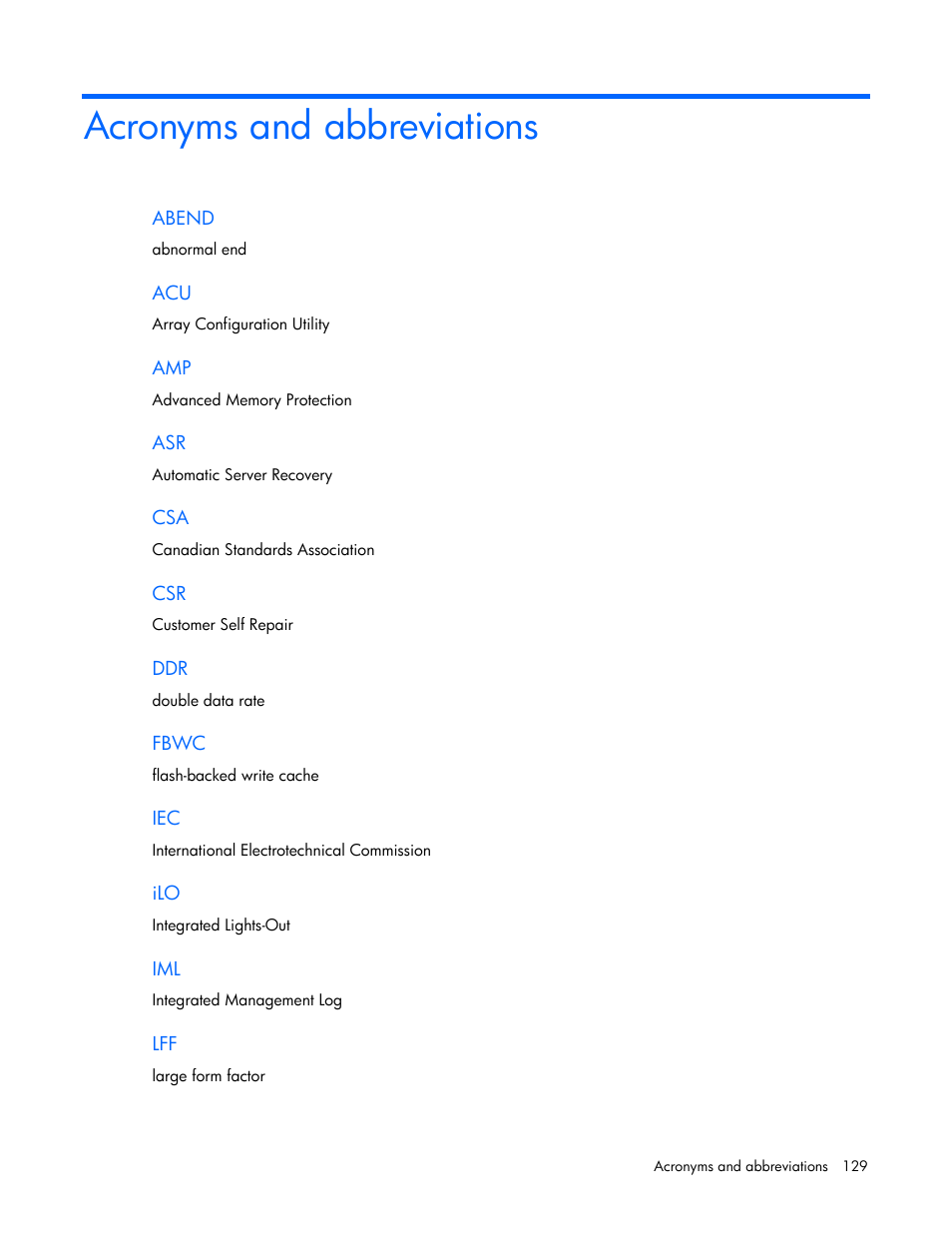 Acronyms and abbreviations | HP ProLiant DL385p Gen8 Server User Manual | Page 129 / 135