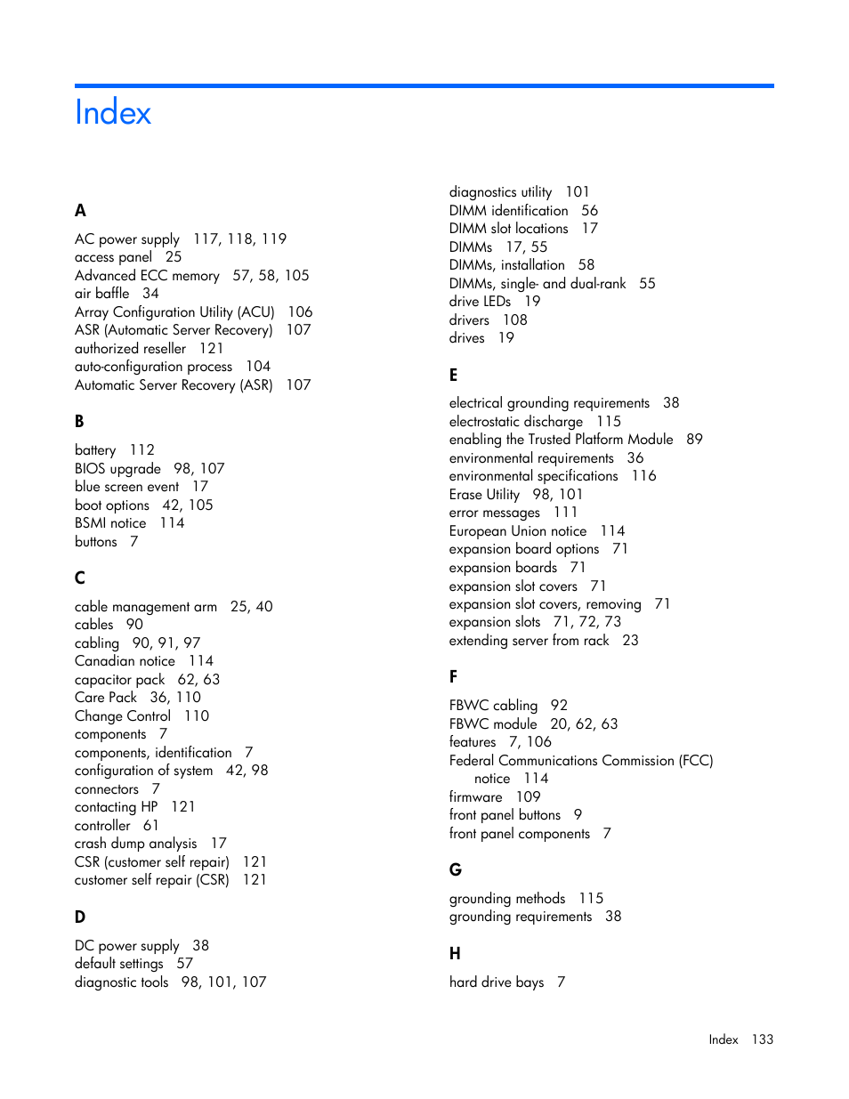 Index | HP ProLiant DL385p Gen8 Server User Manual | Page 133 / 135