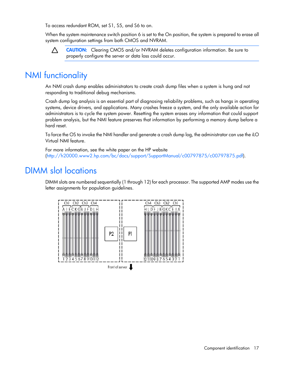 Nmi functionality, Dimm slot locations | HP ProLiant DL385p Gen8 Server User Manual | Page 17 / 135