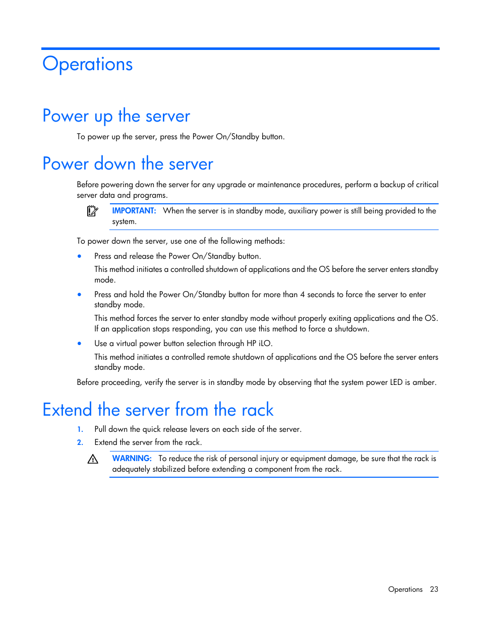 Operations, Power up the server, Power down the server | Extend the server from the rack | HP ProLiant DL385p Gen8 Server User Manual | Page 23 / 135