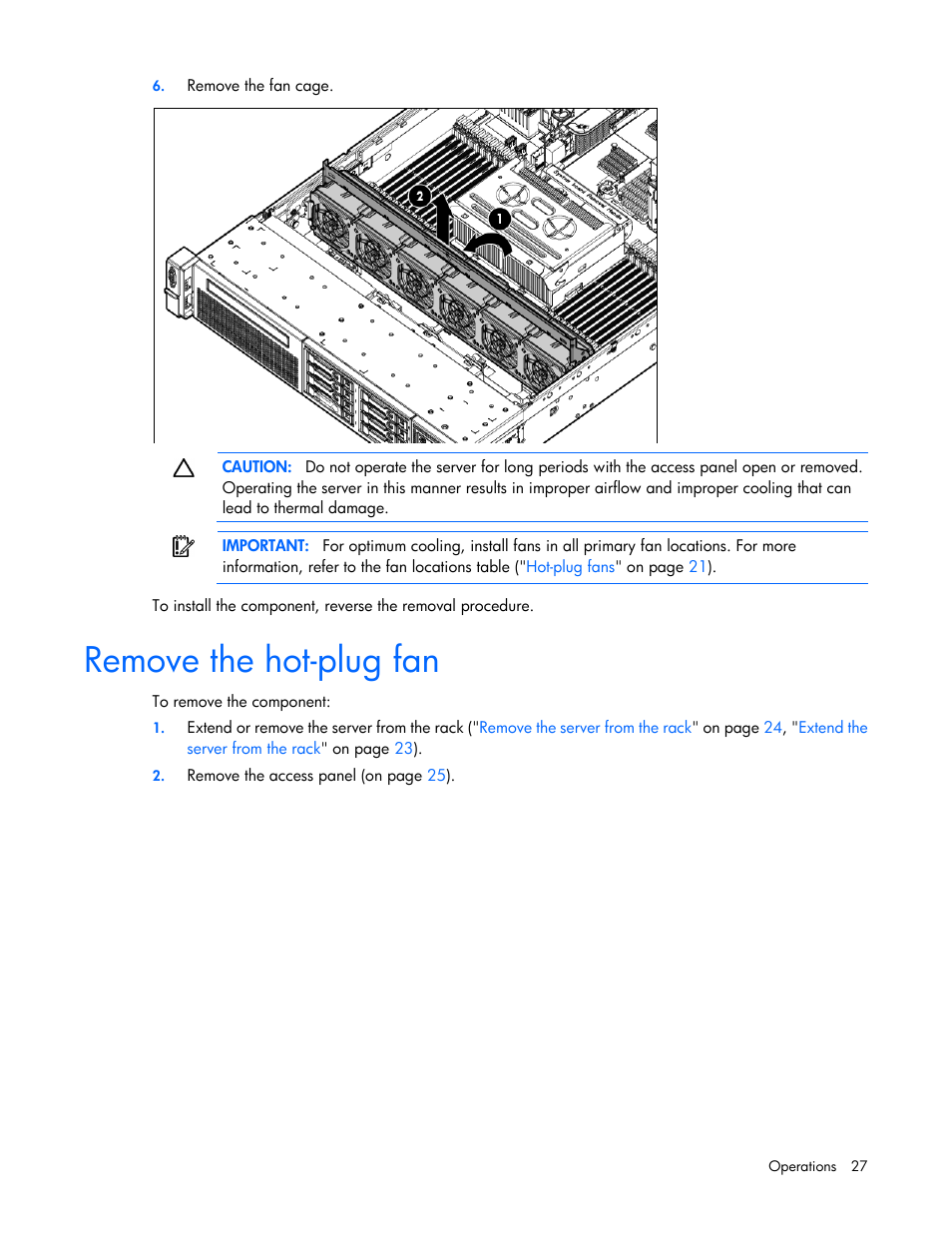 Remove the hot-plug fan | HP ProLiant DL385p Gen8 Server User Manual | Page 27 / 135