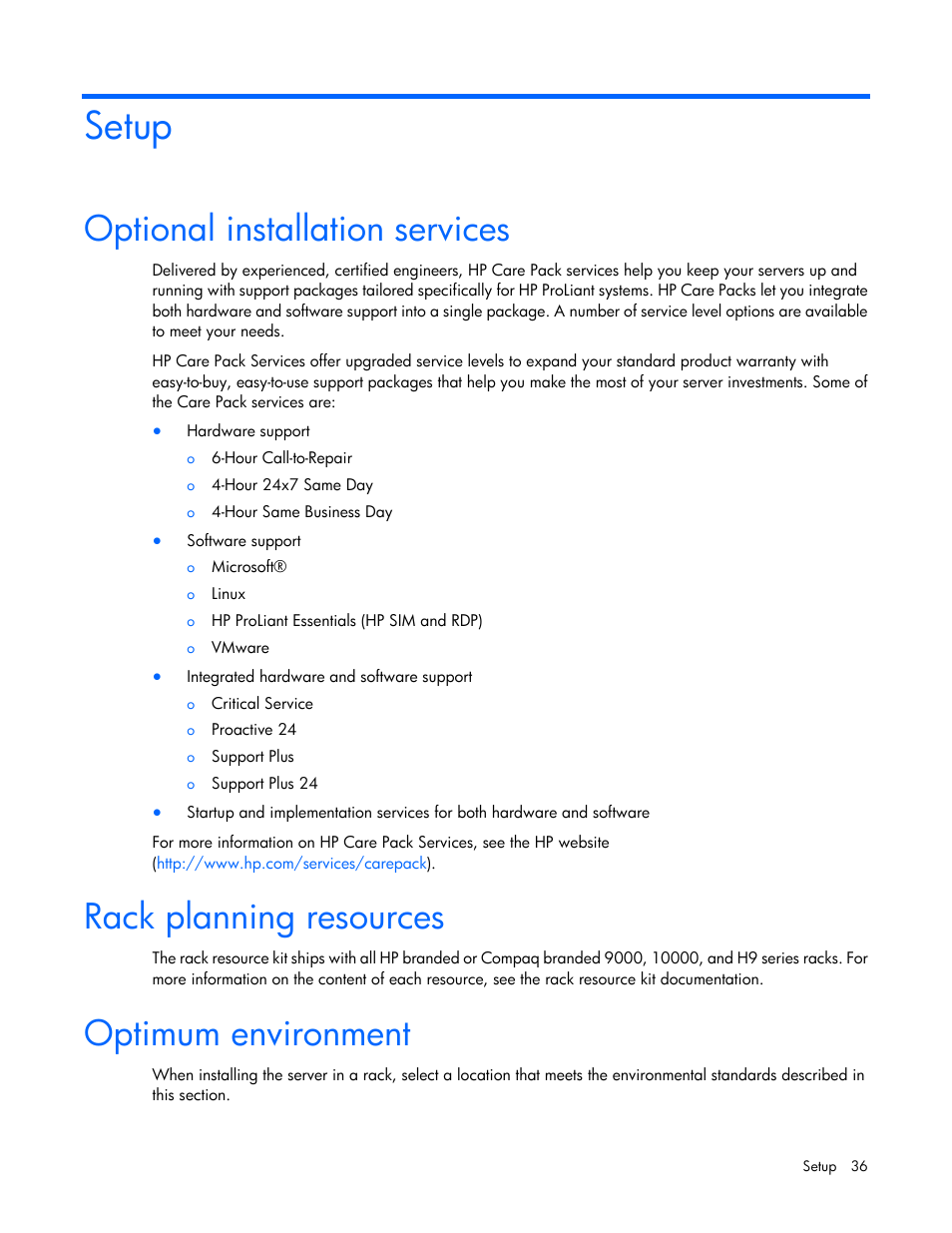 Setup, Optional installation services, Rack planning resources | Optimum environment | HP ProLiant DL385p Gen8 Server User Manual | Page 36 / 135