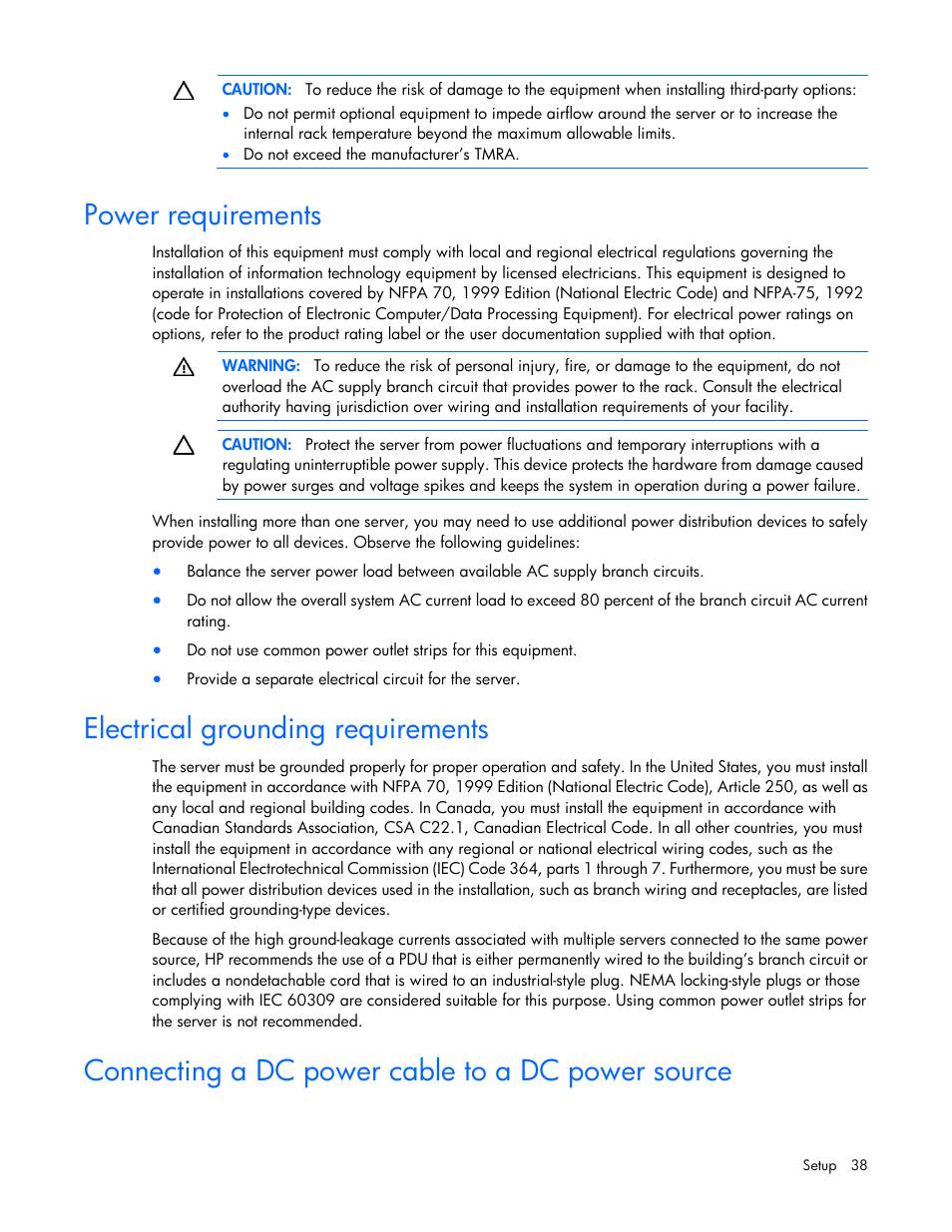 Power requirements, Electrical grounding requirements, Connecting a dc power cable to a dc power source | HP ProLiant DL385p Gen8 Server User Manual | Page 38 / 135