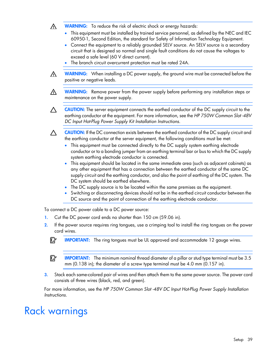 Rack warnings | HP ProLiant DL385p Gen8 Server User Manual | Page 39 / 135