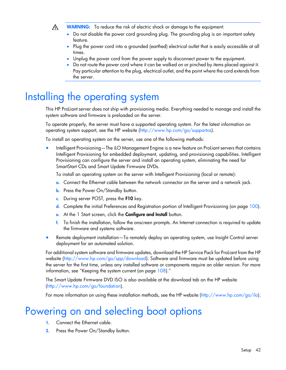 Installing the operating system, Powering on and selecting boot options | HP ProLiant DL385p Gen8 Server User Manual | Page 42 / 135