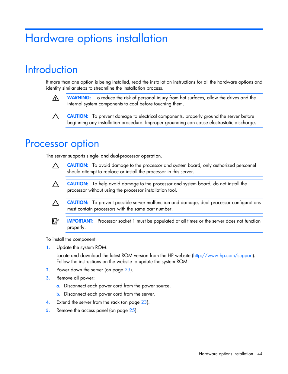 Hardware options installation, Introduction, Processor option | HP ProLiant DL385p Gen8 Server User Manual | Page 44 / 135