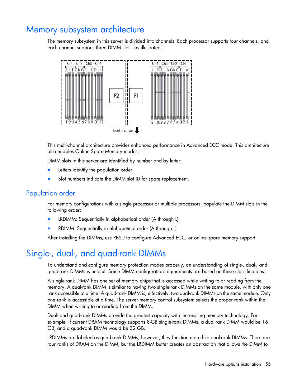 Memory subsystem architecture, Population order, Single-, dual-, and quad-rank dimms | HP ProLiant DL385p Gen8 Server User Manual | Page 55 / 135