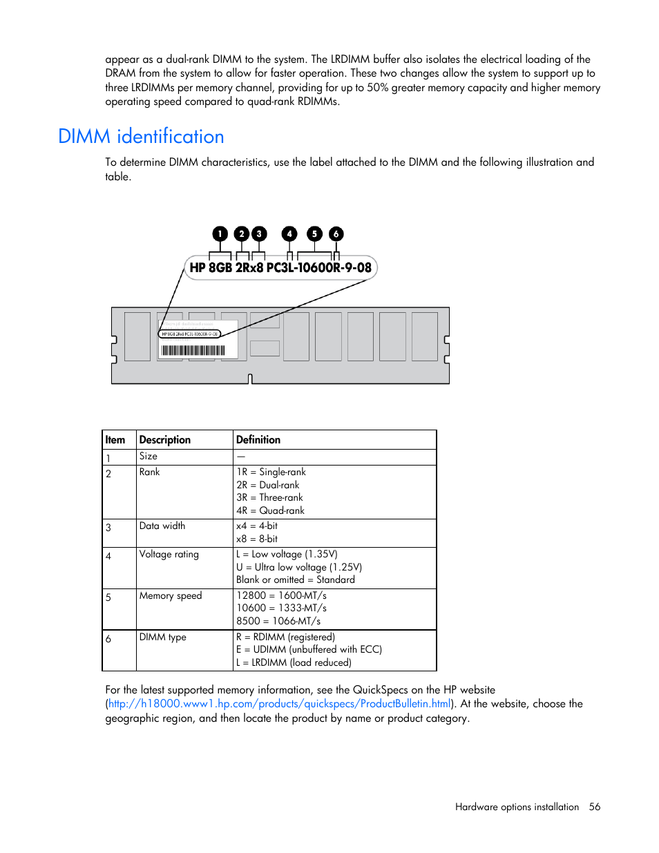 Dimm identification | HP ProLiant DL385p Gen8 Server User Manual | Page 56 / 135