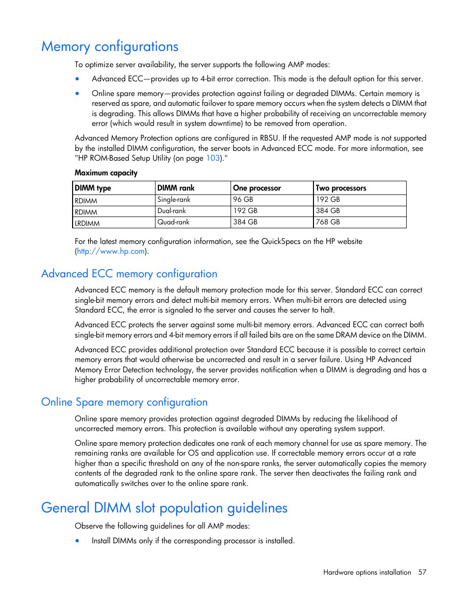 Memory configurations, Advanced ecc memory configuration, Online spare memory configuration | General dimm slot population guidelines | HP ProLiant DL385p Gen8 Server User Manual | Page 57 / 135